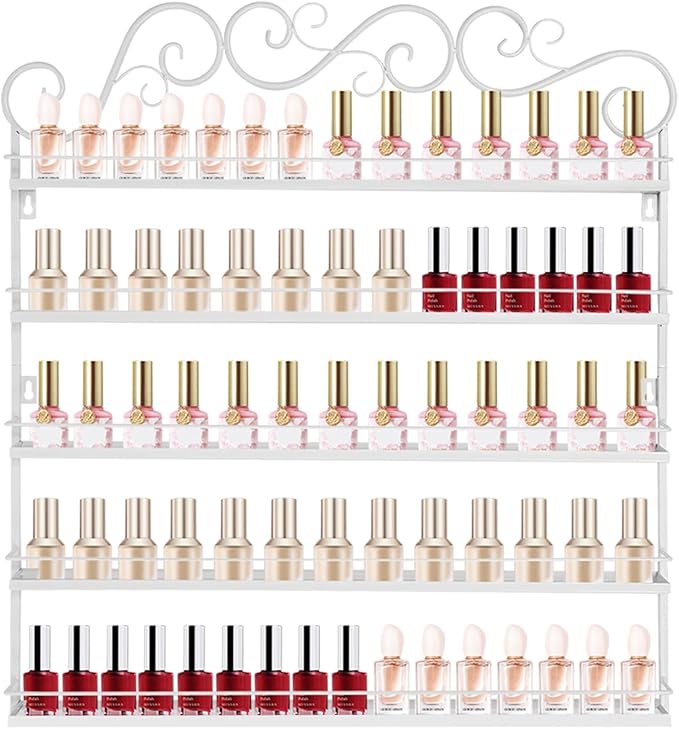 AngelcityCC 5 Tier Wall Mounted Metal Rack Shelf Versatile Organizer for Nail Polish Essential Oils for Home Nail Salon Spa Shops