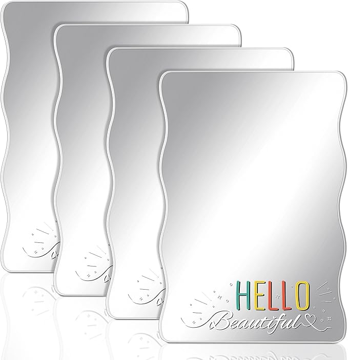 Sintuff 4 Pcs Hello Beautiful Magnetic Locker Mirror Cute Stylish Locker Decor Cabinet Magnetized Mirror Girls Makeup Mirror Shatterproof Wall Mirror for School Office Bathroom, 4.72 x 6.69 Inch