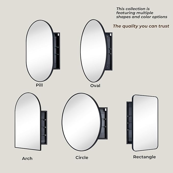 Surface Mount Black Oval Bathroom Medicine Cabinet with Mirror Metal Framed Oval Bathroom Storage Cabinet, 20x30''