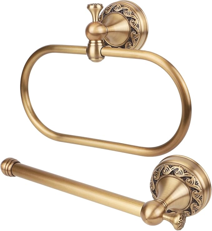 2pcs Antique Brass Toilet Paper Holder, Vintage Brass Hand Towel Ring Bathroom Hardware Wall-Mounted Towel Rack Accessories for Home Hostel