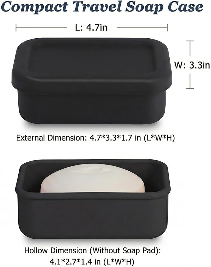 HighHerz Leak Proof Silicone Travel Soap Case with Draining Tray - Bar Soap Holder for Travel, Gym & Camping - Mess-Free Portable Soap Container for Carry-on Bags (Black)