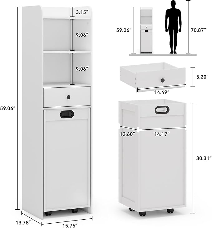 Laundry Hamper Cabinet, Laundry Cabinets and Storage with Multi Shelves, Hidden Movable Laundry Hamper Cabinet for Bathroom or Laundry Room Organization, White