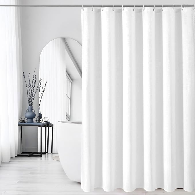 Gibelle Small Stall Shower Curtain 36 x 72, 230GSM Narrow Half Waffle Weave Textured Fabric Shower Curtain for Bathroom, Water Repellent, Machine Washable, White