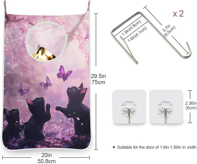 Hanging Laundry Hamper with Stainless Steel Hooks,Oxford Fabric Printing Door Laundry Clothes Bag, 29.5X20inch 2PCS Cherry Blossom Black Cats and Butterfly