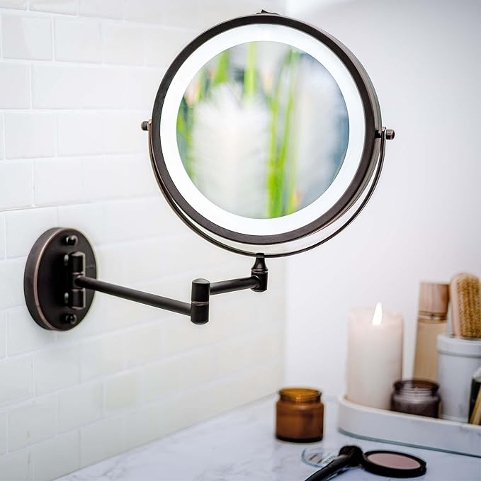 OVENTE 9" Lighted Wall Mount Makeup Mirror with 1X/7X Magnification, Cordless Double Sided Magnifying Round Vanity Mirror, 360° Swivel Design, Extendable and Folding Arm, Antique Bronze MFW85ABZ1X7X
