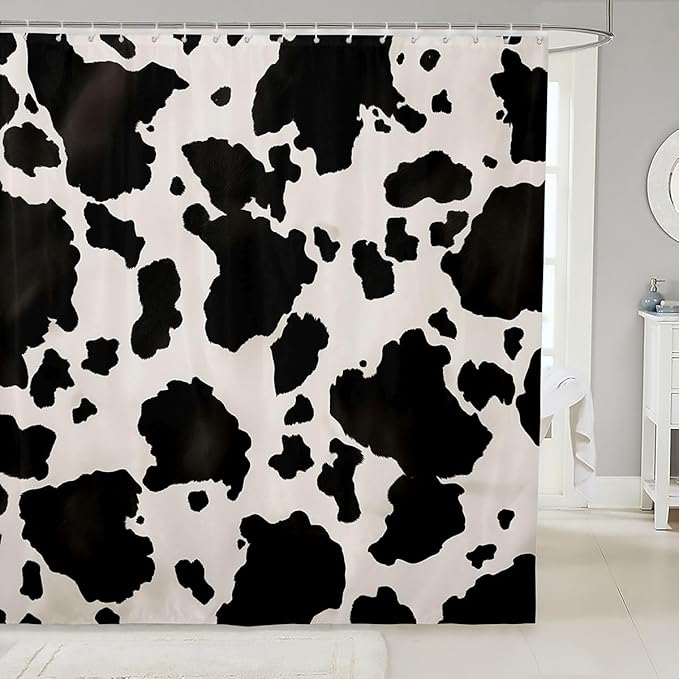 Feelyou Milk Cow Fur Bath Curtain Farmhouse Cowhide Shower Curtain for Girls Teens Decor Cattle Fur Black White Bathroom Fabric Shower Curtain Set Animal Skin Waterproof Curtains 72"x72"