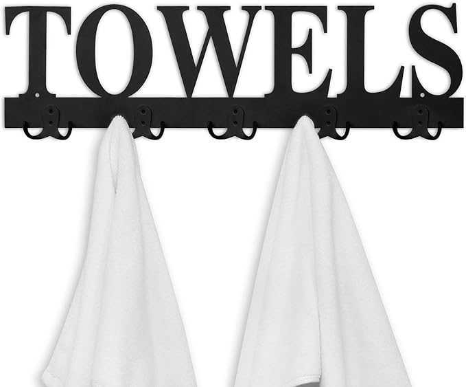MyGift Towel Rack for Bathroom, Wall Mounted Bath Towel Holder with 5 Dual Hooks, Kitchen Laundry Hand Towel Hanger, Black Metal with Decorative Towel Cutout Design