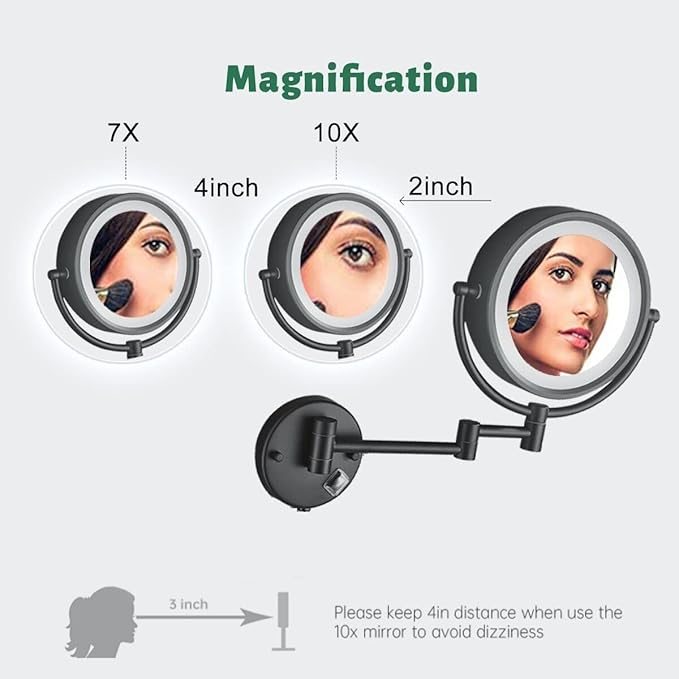 Hardwire LED Lighted Wall Mount Gold Makeup Mirror with 10x Magnification for Bathroom and Bedroom,13" Extendable Arm (Black)