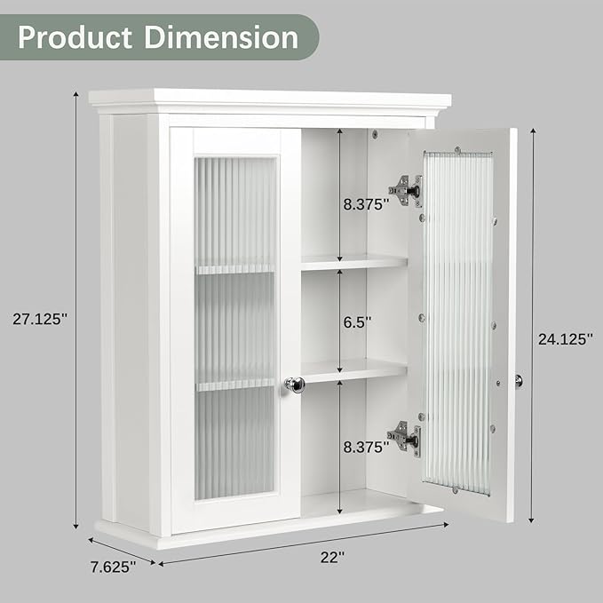 Wall Mounted Bathroom Cabinet with Fluted Glass Doors, Medicine Cabinet with Soft-Close Hinges, Space Saving Wall Organizer for Bathroom Above Toilet Storage (White)