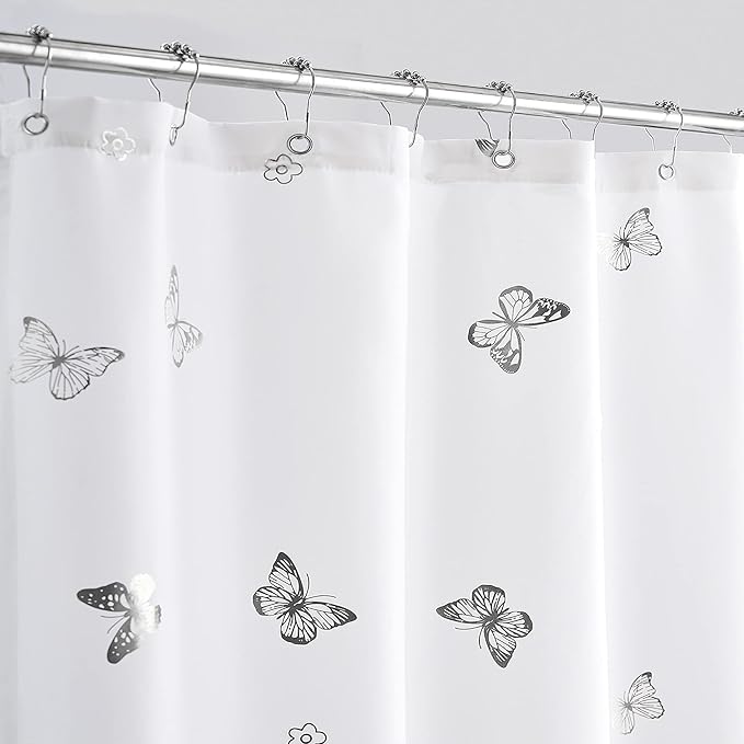 Jubilantex Butterfly Shower Curtain for Bathroom, White Silver Print Farmhouse Waterproof Bathroom Decorative Rustic Kids Shower Curtain with 12 Rust Proof Grommets for Spa Hotel, 70x76 Inches