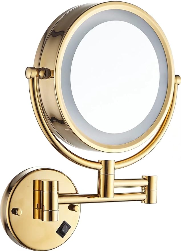 Hardwire LED Lighted Wall Mount Gold Makeup Mirror with 10x Magnification for Bathroom and Bedroom,13" Extendable Arm (Gold)