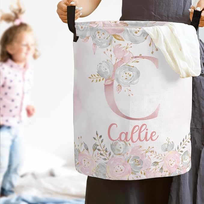 callie Personalized Laundry Basket for Kids Girls, Custom Initial & Flower Laundry Hamper, Clothes Toys Storage Bin for Bedroom Nursery (13.8" x 16.5", 15.7" x 19.6")