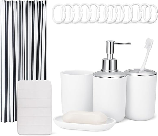 Amazon Basics Complete 18-Piece Bathroom Set with Shower Curtain, Bath Mat and Accessories, 72 x 72 inch, White
