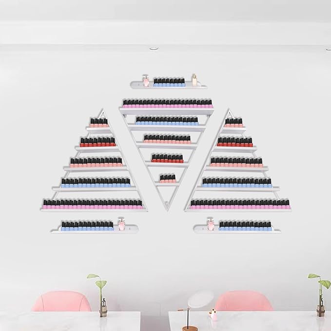 Metal Wall-Mounted Nail Polish Storage Racks,5 Tiers Triangular Nail Polish Organizer Wall,Cosmetic Display Perfume Holder Lipstick Wall Shelf for Nail Salon Shop Home (White)