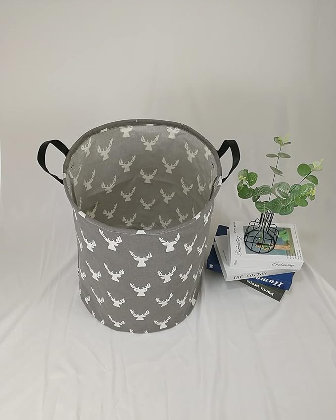 KUNRO Round Laundry Gift Basket Storage Hamper, Clothes Storage Organizer Bins, Shelf Basket with Handles for Room Decor (Grey deer)