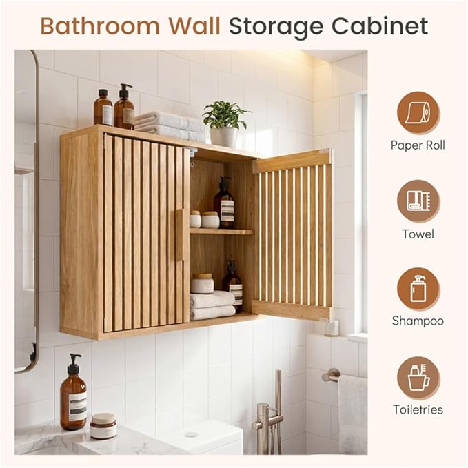 Bathroom Wall Storage Cabinet with Slatted Doors, Natural Engineered Wood, 24x8x20 Inch, Adjustable 3-Level Shelf, Magnetic Catches