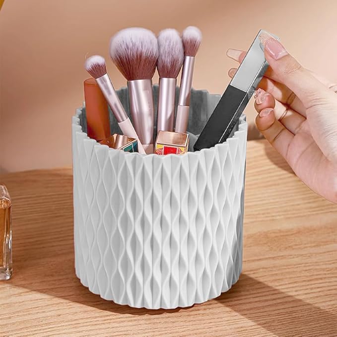 Makeup Brush Holder Organizer, 360?? Rotating Multi-Functional Pen Holder for Desk, 5 Slot Makeup Spinning Storage Rack for Bathroom Drawers,Vanities,Countertops,Office Desk(white)
