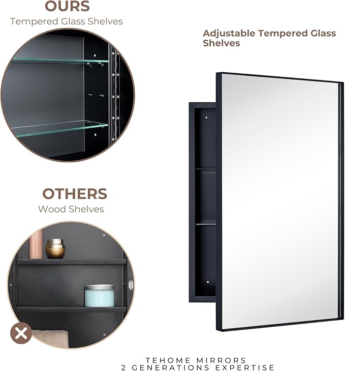 TEHOME Recessed Mount 16x26'' Squared Rectangle Silver Bathroom Medicine Cabinet with Mirror Silver Metal Framed Rectanglular Medicine Cabinet 2 Adjustable Glass Shelves