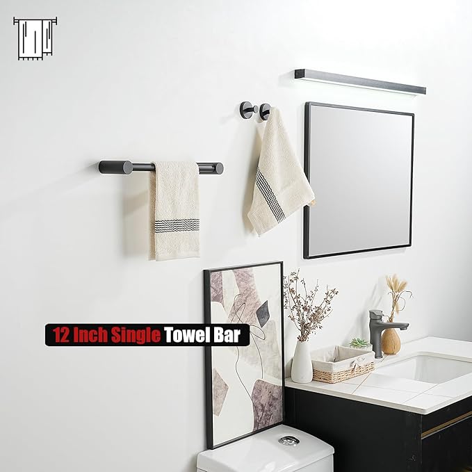 JQK Towel Bar Black, 14.5 Inch 304 Stainless Steel Thicken 0.8mm Towel Rack Bathroom Wall Mount, Useable Length 12 Inch, TB610L12-PB