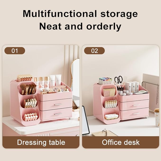 Makeup Organizer for Vanity, Large Capacity Cosmetic Display Case with Drawers, Countertop Beauty Storage Holder for Skincare, Brush Eyeliner Perfume Eyeshadow Lipsticks, Counter Desk, Pink