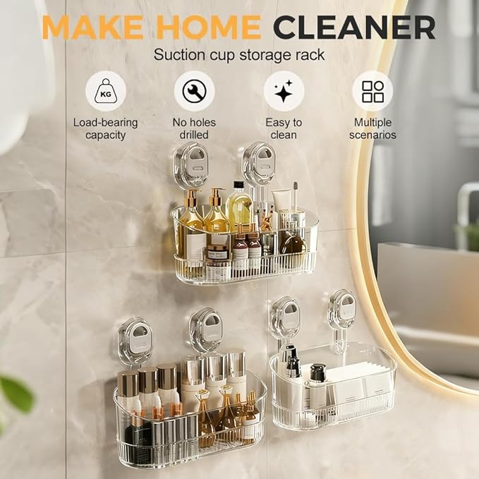 2026 New No-Drill Bathroom Suction Storage Box, Suction Cup Shelf, Multi Functional Wall-Mounted Organizer for Home Bathroom