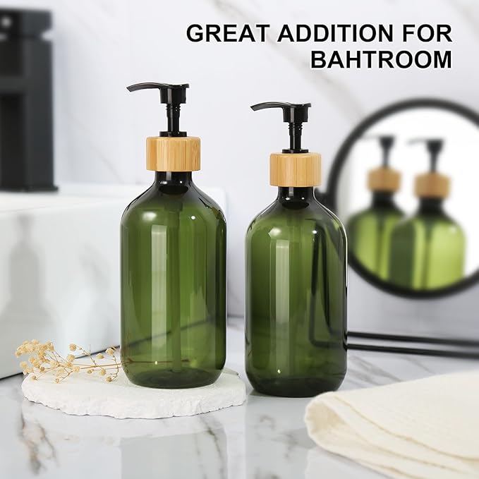 KASUNTING Green Soap Dispenser, Plastic Bathroom Soap and Lotion Dispenser Set with Bamboo Pump, 2 Pack 17 Fl Oz Hand and Dish Soap Dispensers Set for Bathroom, Refillable Liquid Soap Bottles