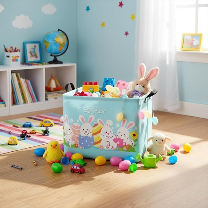 Rectangular Easter Basket Easter Basket for Kids Baby Storage Basket Cute Toy Storage Bin Organizer Shelf Book Basket Easter Room Decor(Cartoon Easter Basket)