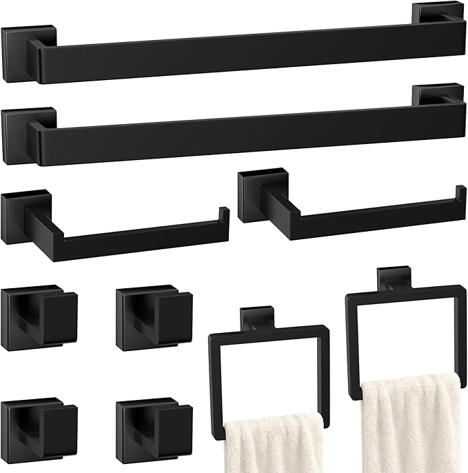 10-Pieces Matte Black Bathroom Accessories Set, Stainless Steel Bathroom Hardware Set, Towel Racks for Bathroom Wall Mounted 24 Inch Bath Towel Bar Set.