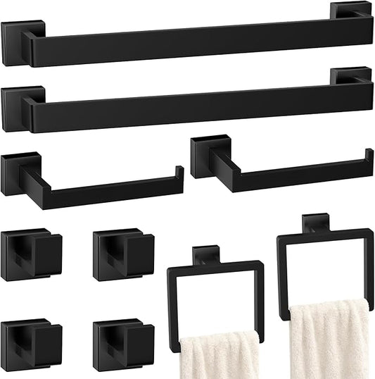 10-Pieces Matte Black Bathroom Accessories Set, Stainless Steel Bathroom Hardware Set, Towel Racks for Bathroom Wall Mounted 24 Inch Bath Towel Bar Set.