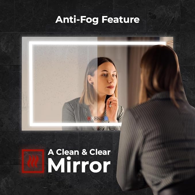 40x32 Inch Rectangular LED Bathroom Mirror with Lights Front and Backlit, 3 Color Modes, Touch Dimmer, Anti-Fog - Wall Mounted Vanity Mirror for Bathroom, Bedroom - Fab Glass and Mirror