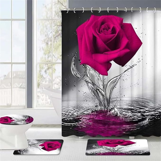 Rose Bathroom Sets with Shower Curtain and Rugs Water Rose Shower Curtain Set with Non-Slip Rugs,Bath Mat,Toilet Lid Cover and 12 Strong Hooks,Modern Style Shower Curtain for Bathroom