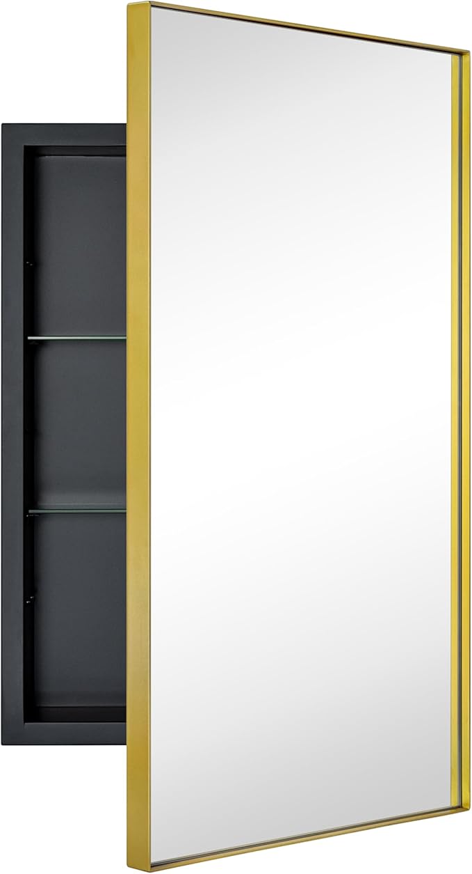 TEHOME Recessed Mount 16x26'' Squared Rectangle Brushed Gold Bathroom Medicine Cabinet with Mirror Gold Metal Framed Rectanglular Medicine Cabinet 2 Adjustable Glass Shelves