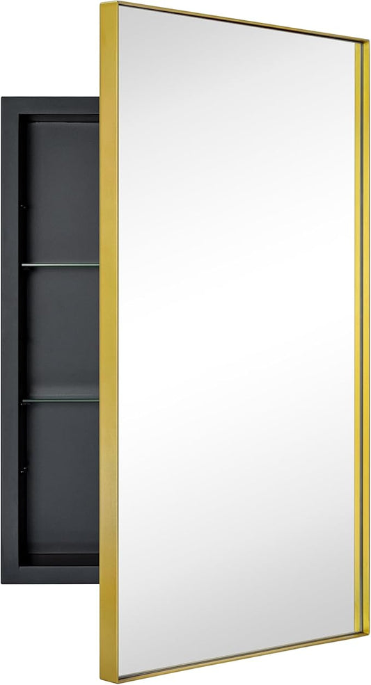 TEHOME Recessed Mount 16x26'' Squared Rectangle Brushed Gold Bathroom Medicine Cabinet with Mirror Gold Metal Framed Rectanglular Medicine Cabinet 2 Adjustable Glass Shelves