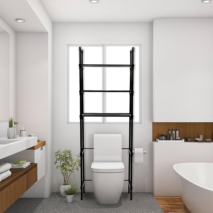 Black 3-Tier Bathroom Organizer - Freestanding Above Toilet Storage Rack, Space Saver for Home Bathroom