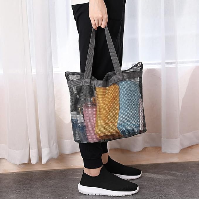 Mesh Shower Caddy, Quick Dry Portable Tote with Zipper and Inner Pocket, Beach Bag, Lightweight Bath Organizer for College Dorm, Swimming, Gym, Beach, Travel (Gray)