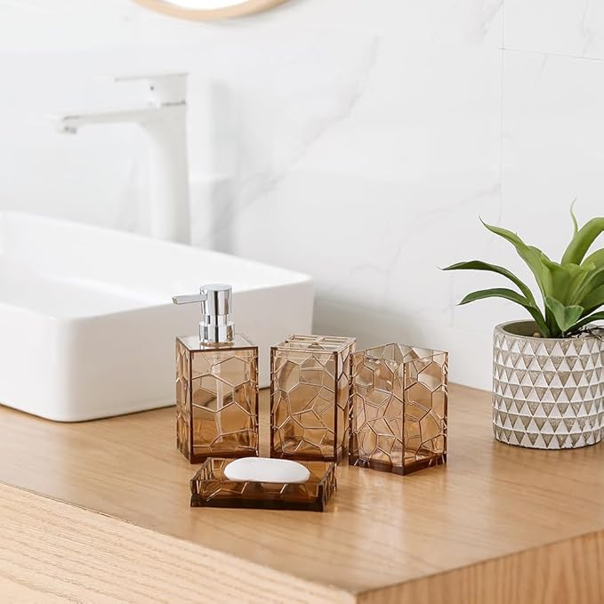 Clear Acrylic Bathroom Accessories Set - Rust-Free, Transparent Design - Includes Soap Dispenser, Toothbrush Holder, Cup, Soap Dish, and Toilet Brush 5-Piece (Brown)