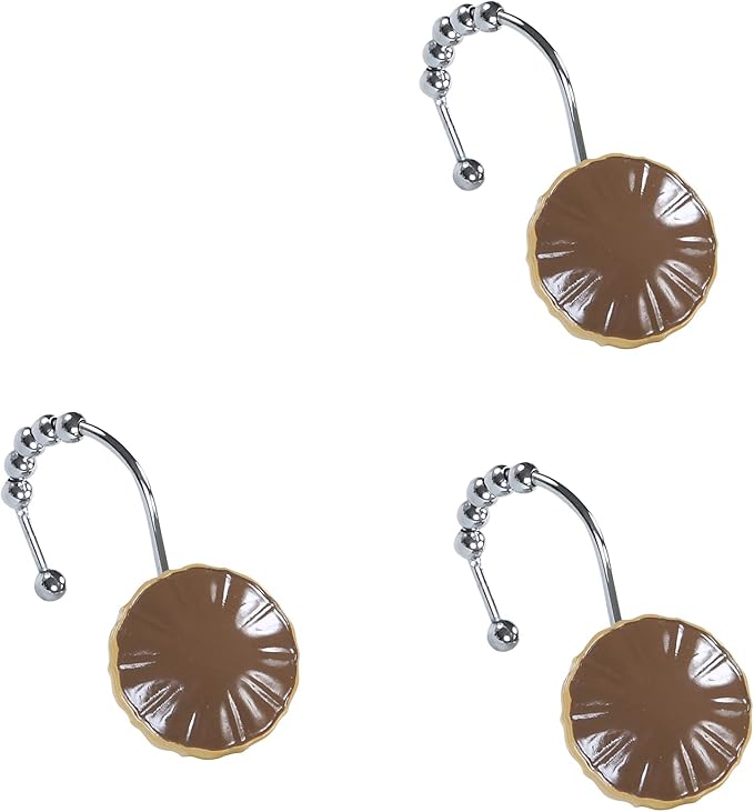 Sterling Brown Decorative Shower Curtain Hooks,Chocolate Roller Ring Balls Designed Hooks for Bathroom Curtains,Set of 12
