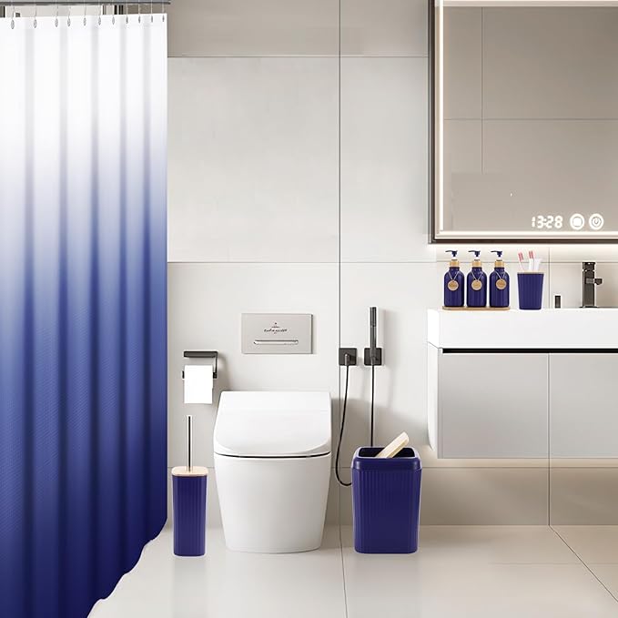 XLHOMO 30PCS Navy Blue Bathroom Accessories Set with Waffle Shower Curtain,Trash Can,3PCS Lotion Soap Dispenser, Toothbrush Holder, Soap Dish,Tumbler Cup,6PCS Wood Tags Bath Accessories with Tray