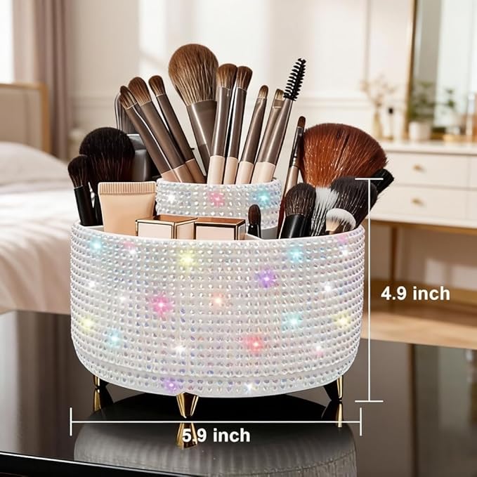Bling Makeup Brush Holder,360° Rotating Makeup Brush Organizer,5 Slot Make up Brushes Cup for Cosmetics,Large Capacity,For Nail Polish, Art Supply, Bathroom Vanity,Cosmetics Organizer,Diamond White