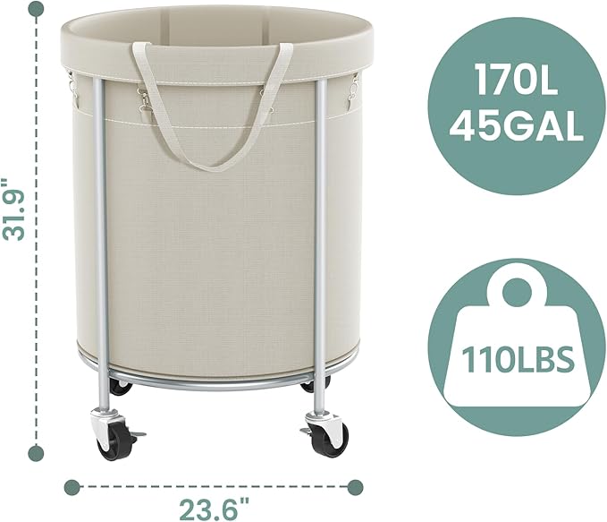 Aduanbang 170L Laundry Basket with Wheels, Rolling Hamper with Removable Bag & Steel Frame, Round Laundry Cart with 4 Casters & 2 Brakes, Ideal for Bedroom, Bathroom & Laundry Room