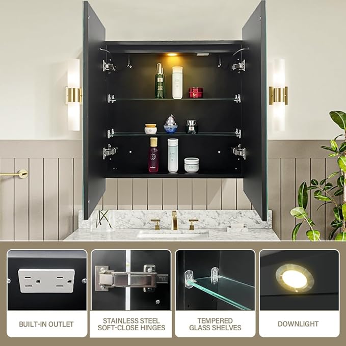 LED Medicine Cabinet,30x32inch,Recess Mirror Cabinet for Bathroom,3 Colors,Dimmable,Demister, Detachable Side Panel for Recess Mount or Surface Mount,USB Shaver Socket, Internal Lighting