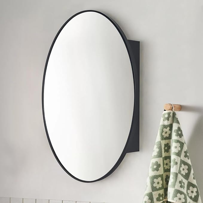Surface Mount Black Oval Bathroom Medicine Cabinet with Mirror Metal Framed Oval Bathroom Storage Cabinet, 20x30''