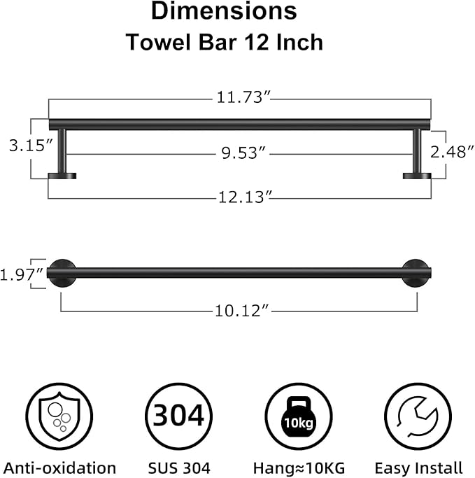 Bathroom Towel Bar, 12 Inch Towel Racks for Bathroom Wall Mounted, Heavy Duty Bathroom Towel Holder Organizer, Stainless Steel Home Towel Rod, Matte Black