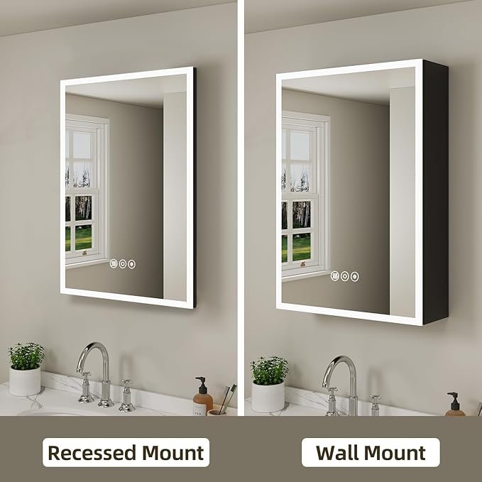 Buruis 24 x 30 Inch Medicine Cabinet with LED Lights and Mirror, Recessed/Wall Mounted Bathroom Cabinet, 3-Color Light, Defogger, Memory Function, Outlet & USB, Dimmer, Black