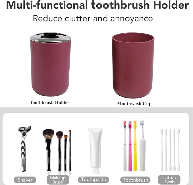 Red Bathroom Accessories Set, 4 Piece Plastic Bathroom Toothbrush Holder Set, Include Soap Dispenser, Toothbrush Holder, Rinse Cup, Soap Dish, Boho Burgundy Bathroom Decor for Home, Bathroom Set