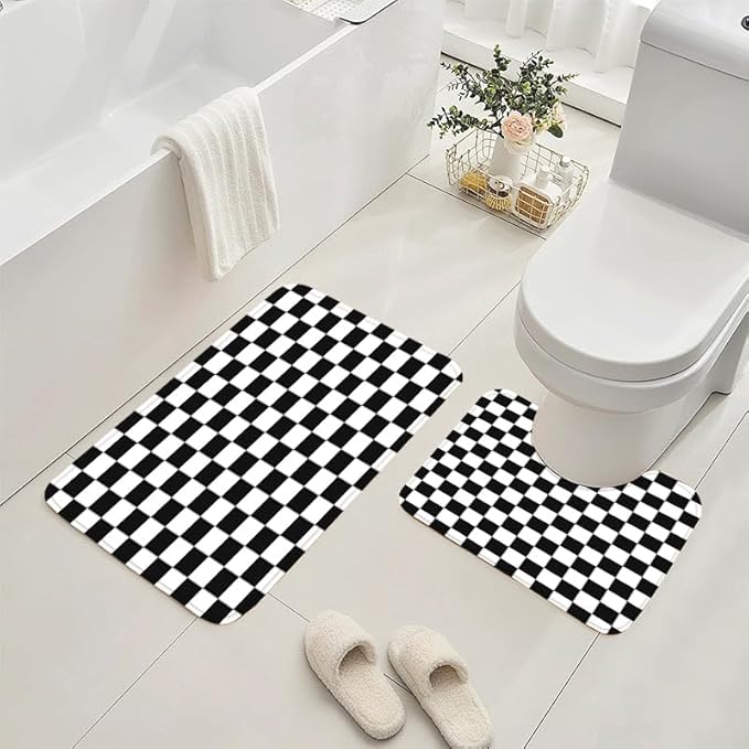 4 PCS Checkered Shower Curtain Sets Fun Gingham Bathroom Sets Soft Non Slip Bath Rugs Toilet Cover U-Shaped Mat Retro Bright Waterproof Shower Curtains with 12 Hooks for Tub Toilet, Black