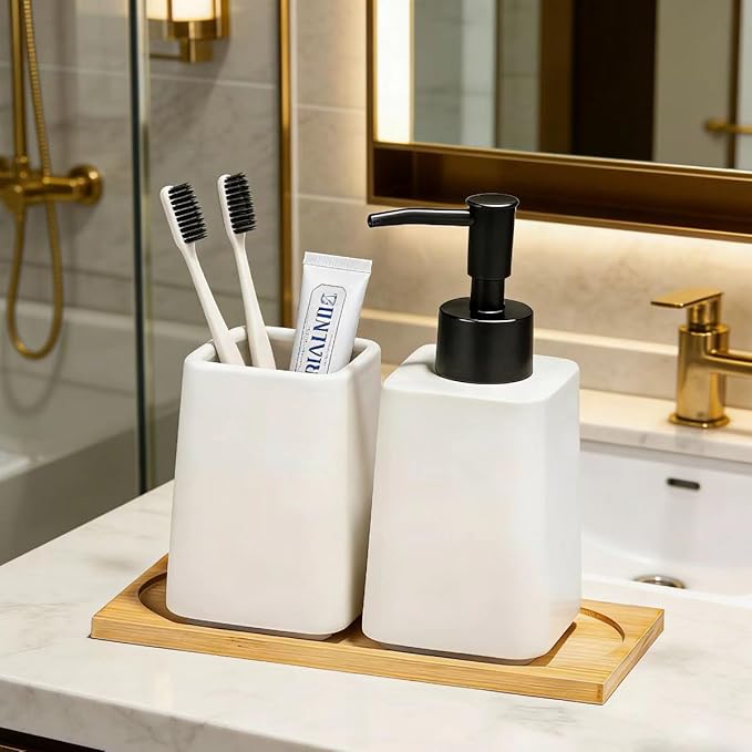 White Bathroom Accessories Set,Ceramic Soap Dispenser and Toothbrush Holder with Tray,Modern Decor Bath Set with Toothbrush Cup