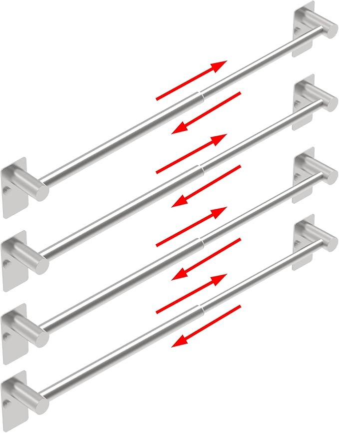 Towel Bar, 14inch to 25inch Adjustable Towel Holder Rod, Self Adhesive Wall Mounted Hand or Body Towel Rack for Bathroom Kitchen, Stainless Steel Organizer Single Bar (Brushed Nickel, 4 Pack)