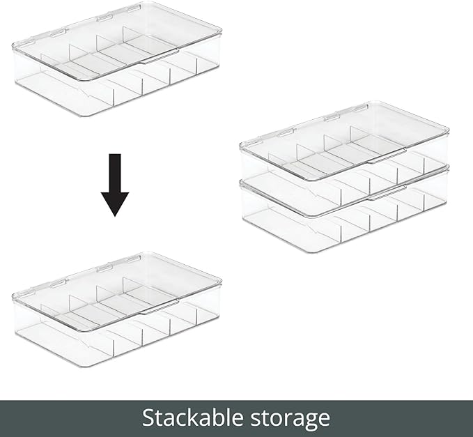 mDesign Plastic Divided Stackable Hair, Makeup & Jewelry Organizer Box with Hinge Lid for Bathroom Vanity Countertop - 5 Sections - Stores Hair Clips, Barrettes - Ligne Collection - 2 Pack - Clear