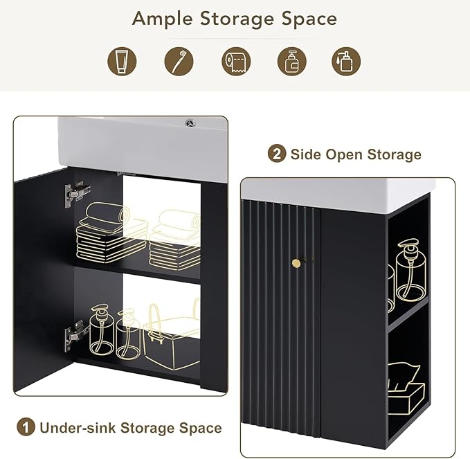 Virubi 21.6 in Floating Bathroom Vanity with Sink,Soft Closing Doors,Solid Wood Frame & MDF Modern Single Small Black Bathroom Vanity Cabinet with Open Shelf,Wall Mounted